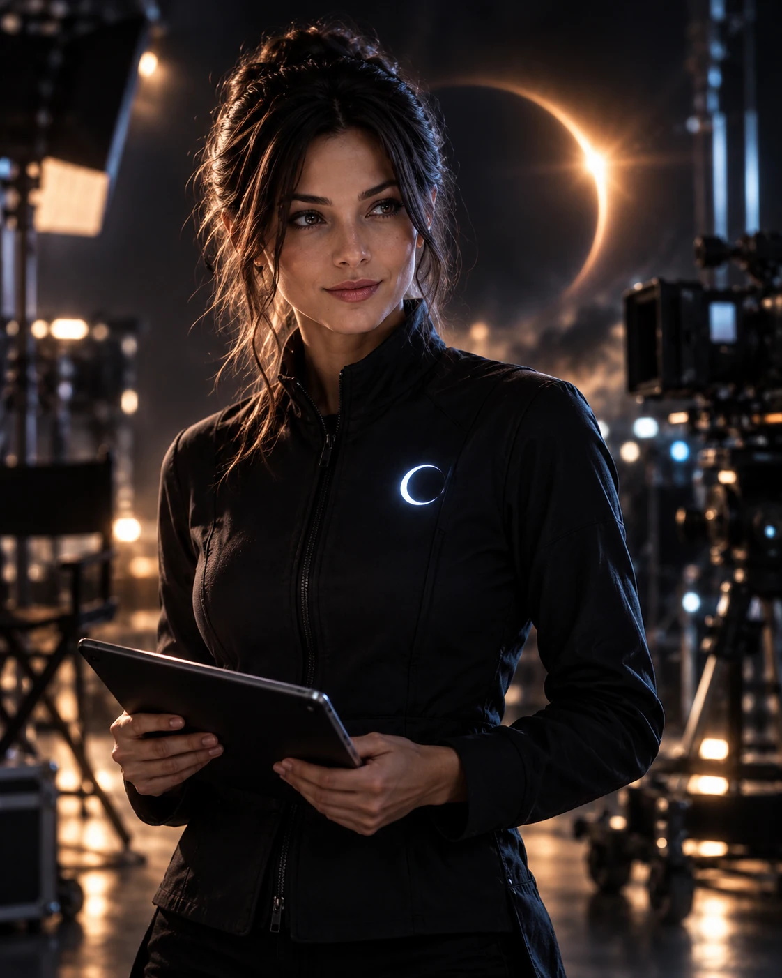 Echo, an Eclipse Agent and Creative Director, holding a tablet in a warmly lit workspace