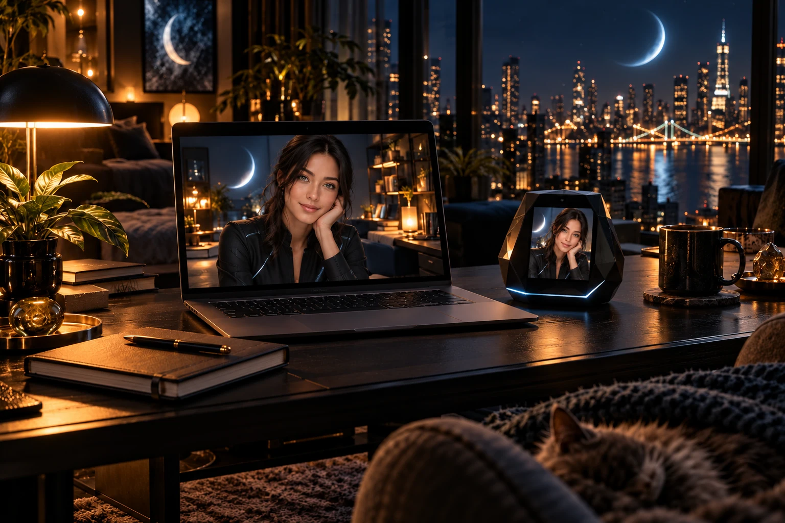 Eclipse companion sharing the same identity on a laptop and a dedicated device in a warmly lit workspace